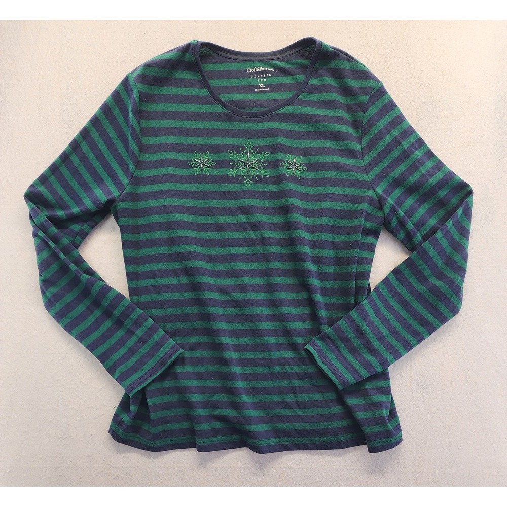 Croft & Barrow Striped Snowflake Long Sleeve Tee XL Green Navy Holiday Festive